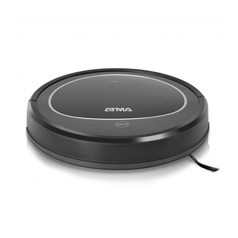 Aspiradora robot Atma AS8992N negra, vista superior con el botón CLEAN y el cepillo lateral