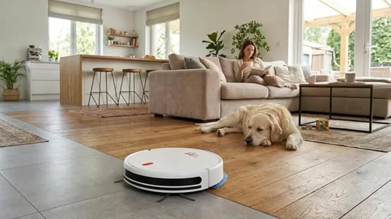 Aspiradora robot Osoji D870 limpiando piso de madera en un living con mascota