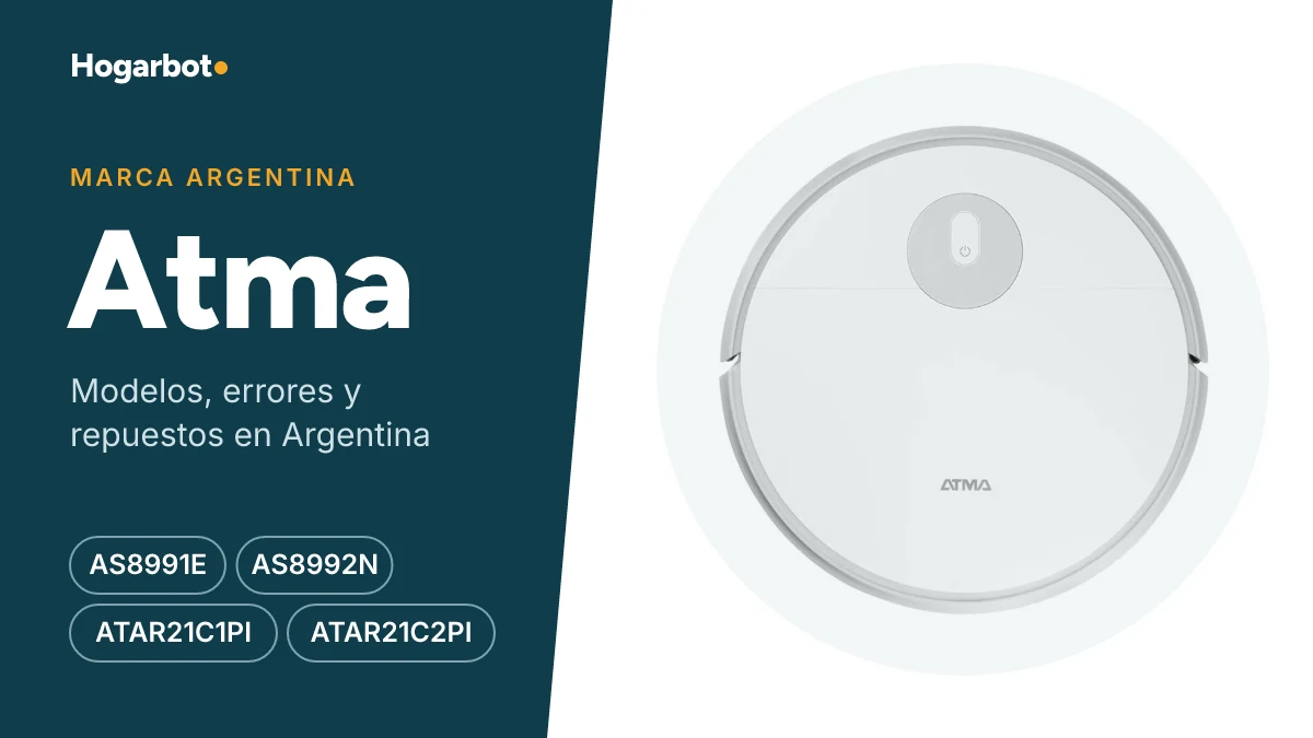 Aspiradora robot Atma ATAR21C1PI blanca, en la cabecera de la guía de la marca argentina Atma