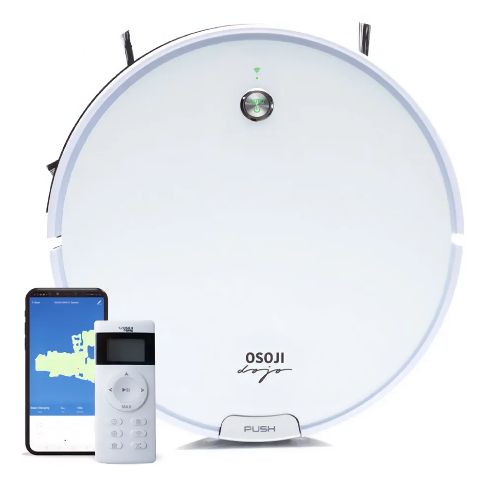 Aspiradora robot Osoji Dojo D990 blanca con su control remoto