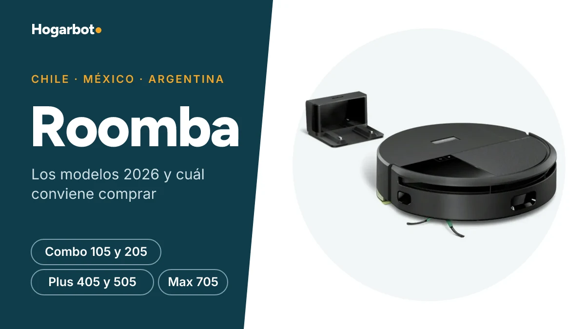 Aspiradora robot Roomba Combo 205 DustCompactor negra junto a su base de carga, en la cabecera de la guía de modelos Roomba 2026