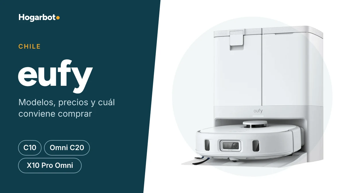 Aspiradora robot eufy X10 Pro Omni blanca con su estación todo en uno, en la cabecera de la guía de modelos eufy en Chile